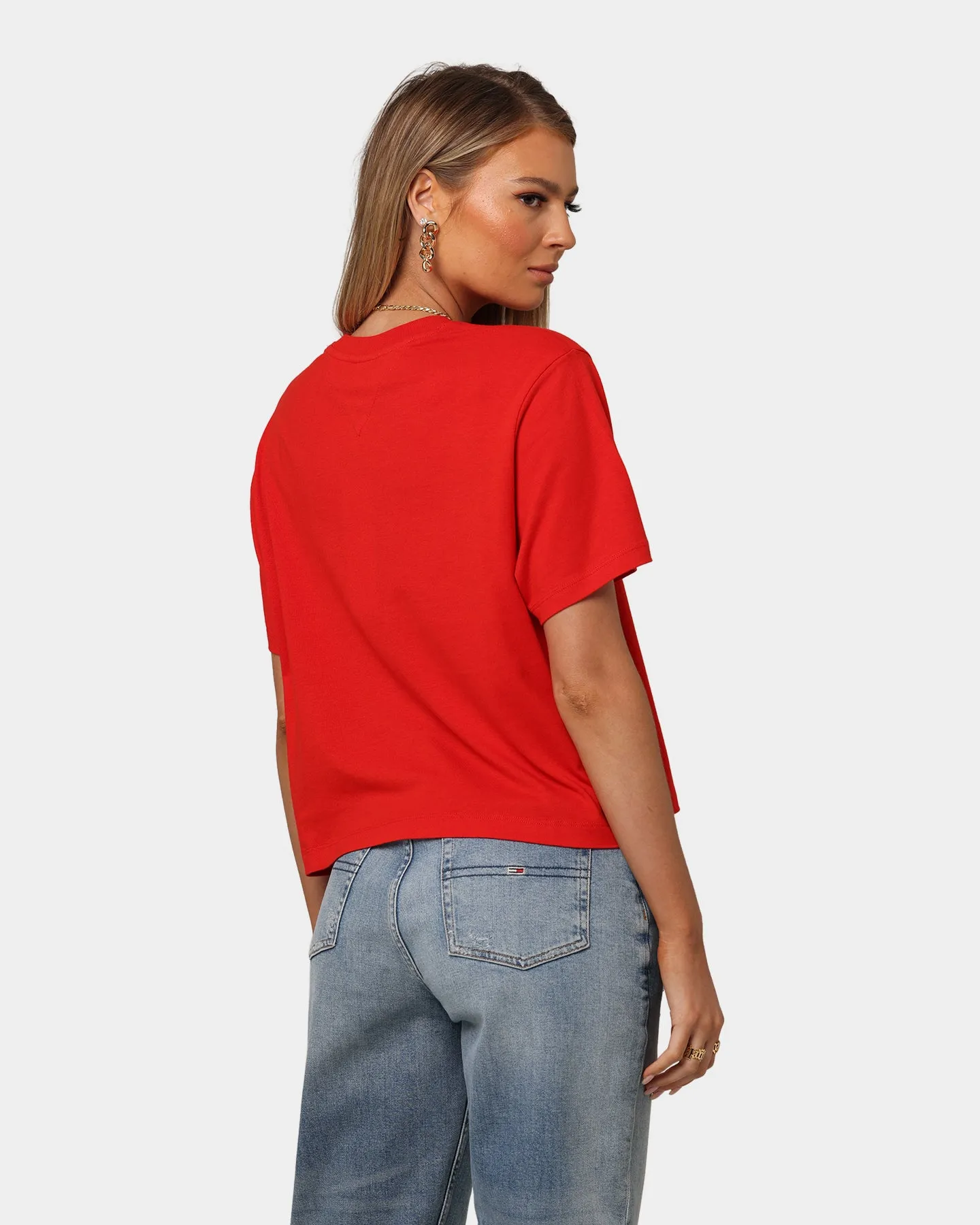 Tommy Jeans Women's Boxy Crop Linear Logo T-Shirt Deep Crimson