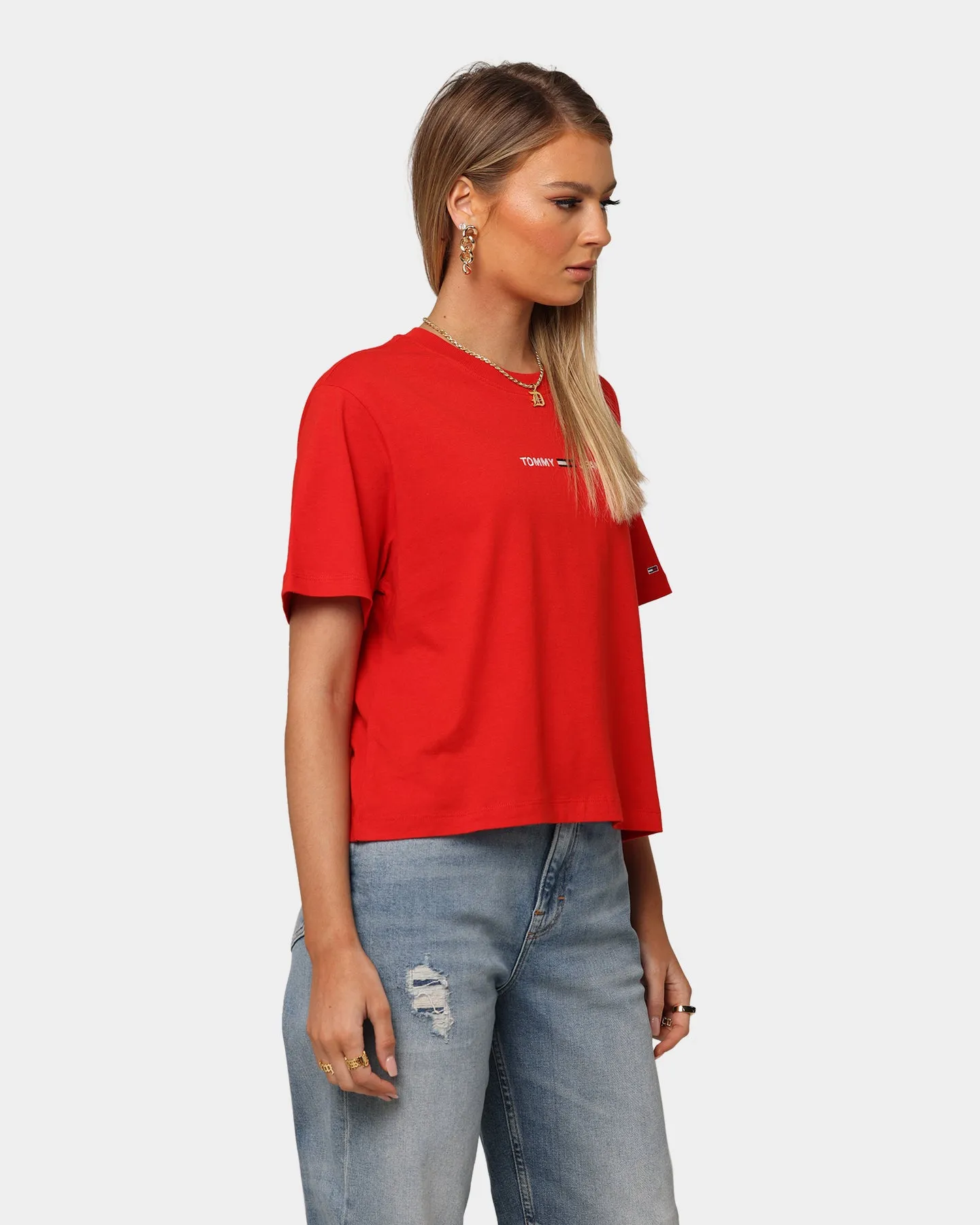 Tommy Jeans Women's Boxy Crop Linear Logo T-Shirt Deep Crimson