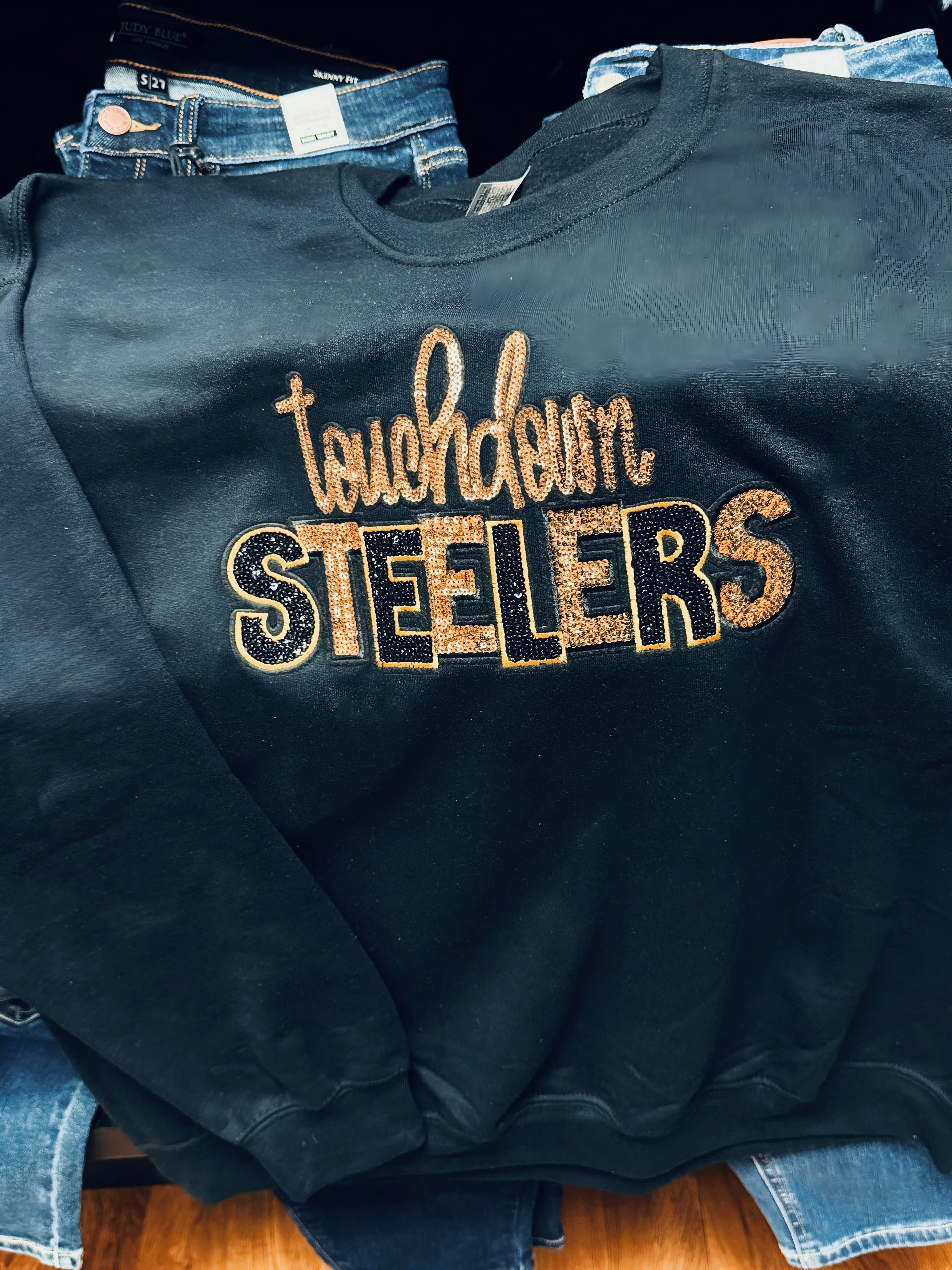 Touchdown Steelers Sequin Patch Black Crewneck