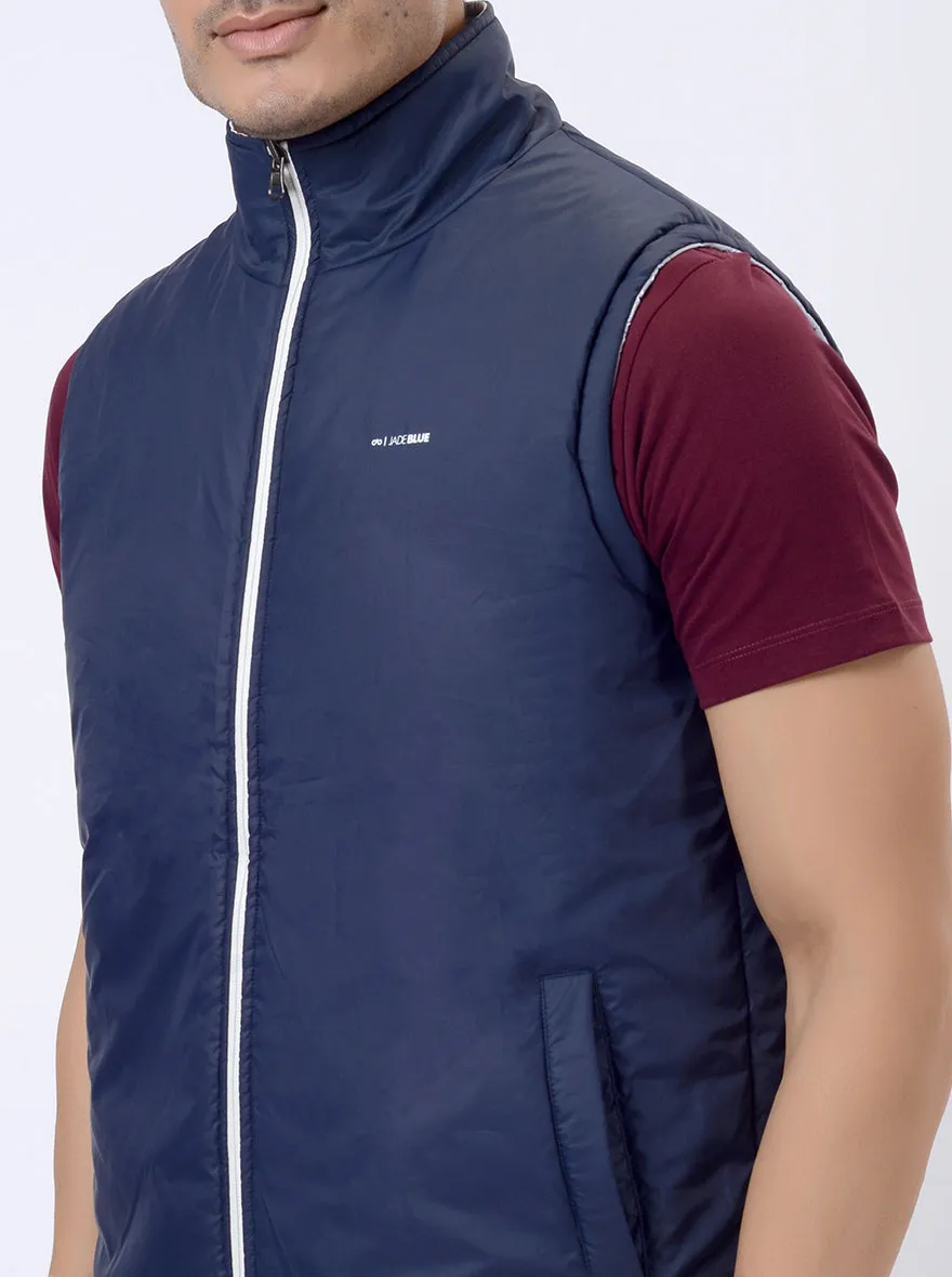 White & Navy Blue Solid Regular Fit Winter Jacket | JadeBlue