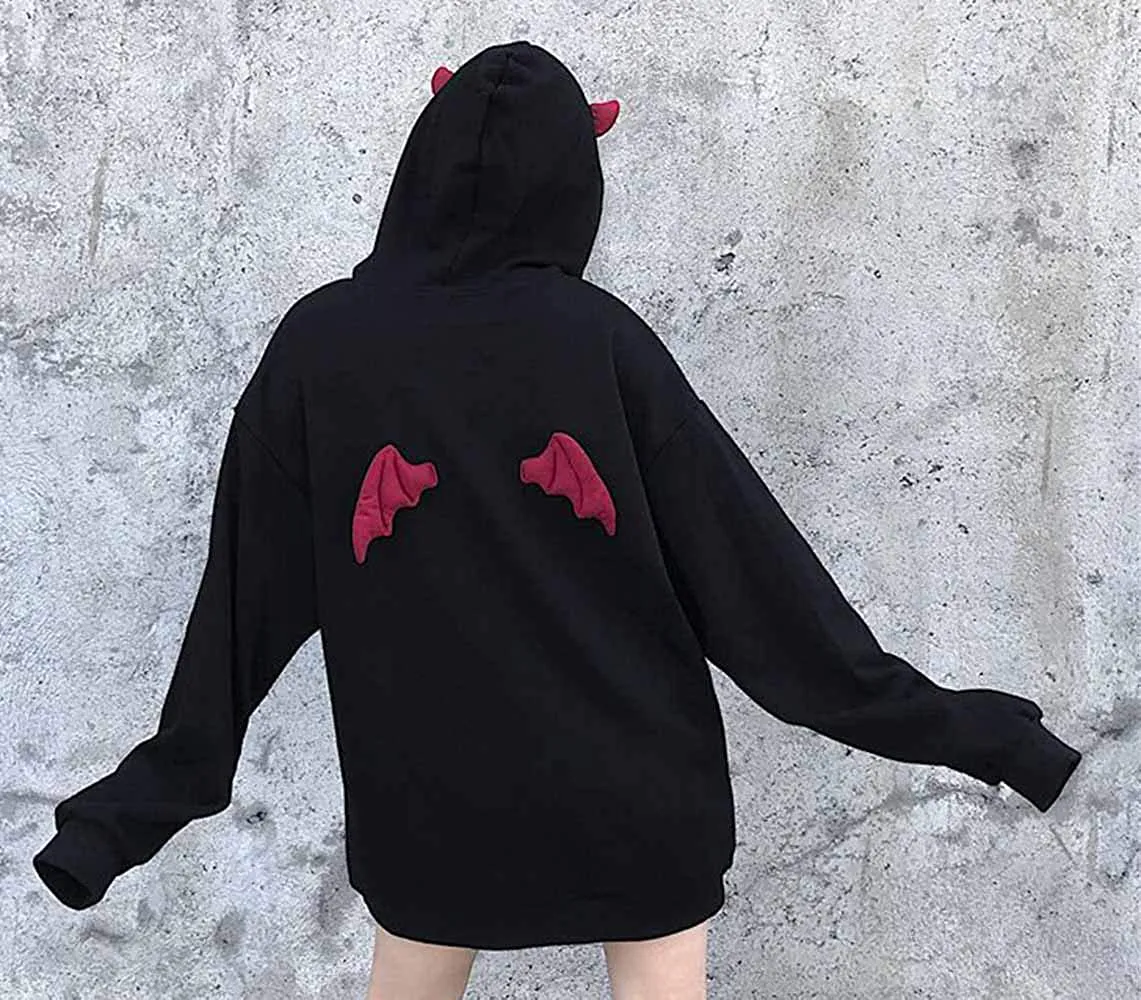 Womens Devil Wings Red Horn Sweatshirt Long Sleeve Hoodie Pullover Hooded Tops