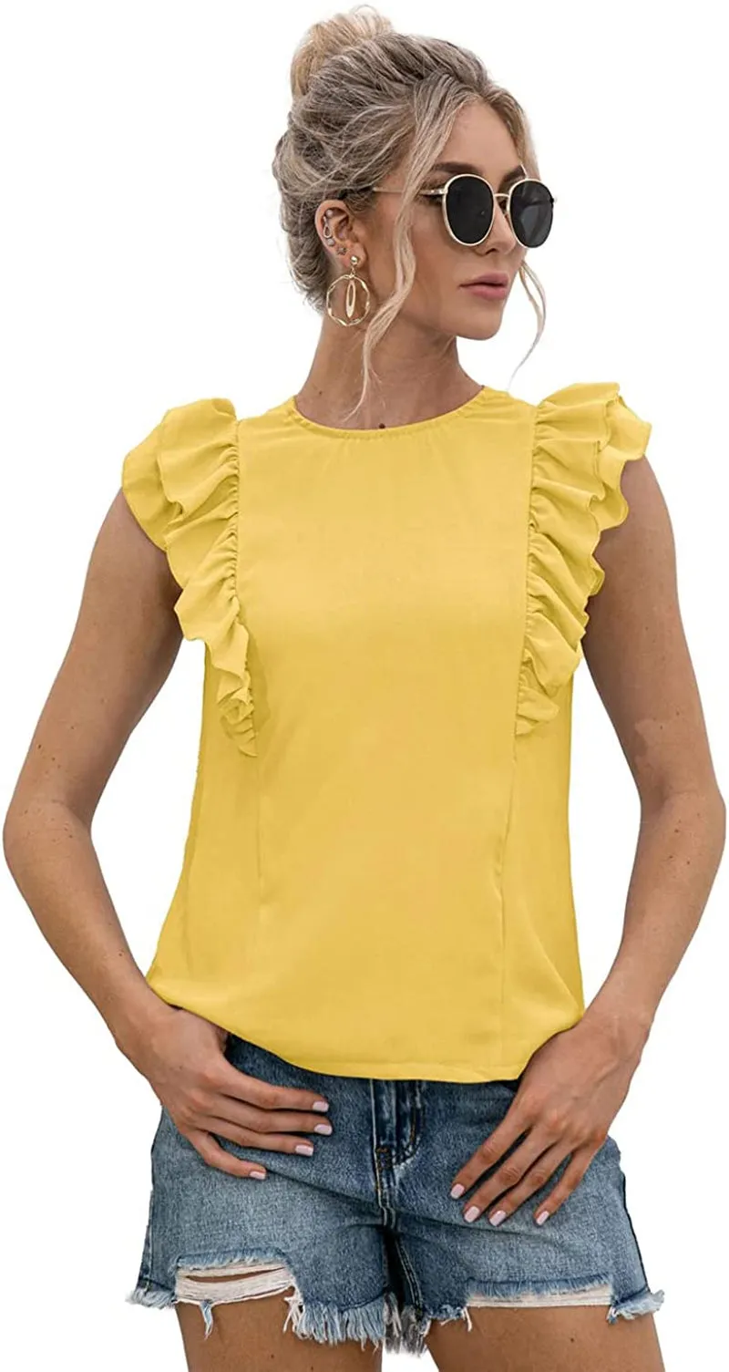 Women's Ruffle Sleeveless Tied Open Back Blouse Crewneck Top