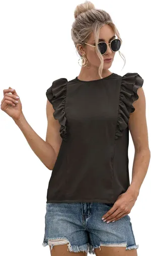 Women's Ruffle Sleeveless Tied Open Back Blouse Crewneck Top