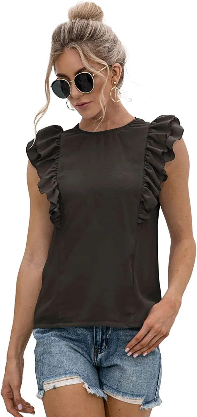 Women's Ruffle Sleeveless Tied Open Back Blouse Crewneck Top