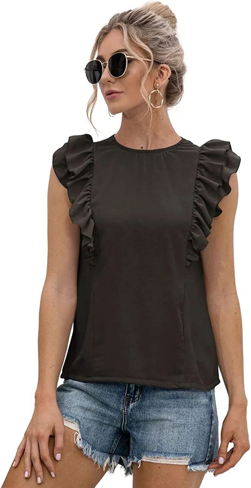 Women's Ruffle Sleeveless Tied Open Back Blouse Crewneck Top