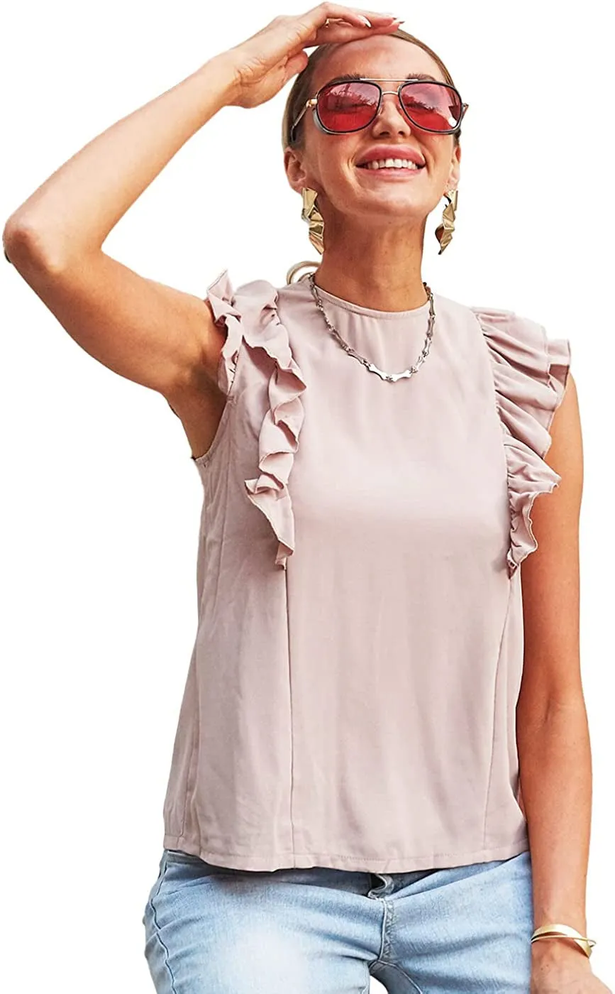 Women's Ruffle Sleeveless Tied Open Back Blouse Crewneck Top