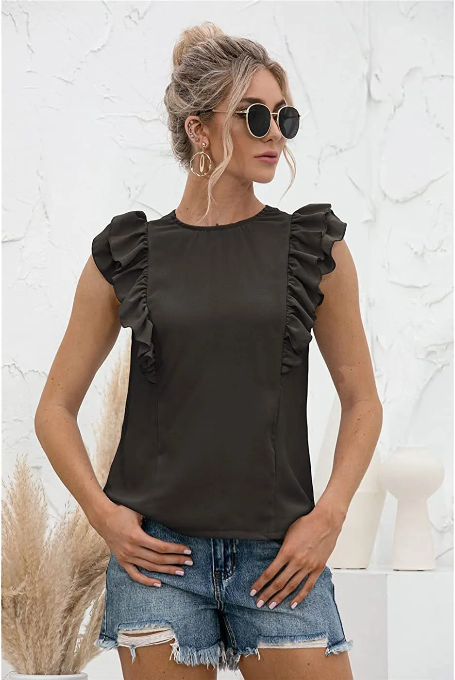 Women's Ruffle Sleeveless Tied Open Back Blouse Crewneck Top