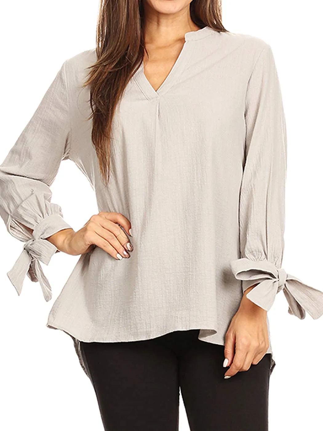 Women's V Neck Blouse Split Tie Sleeve Casual Office Work Shirts Tops