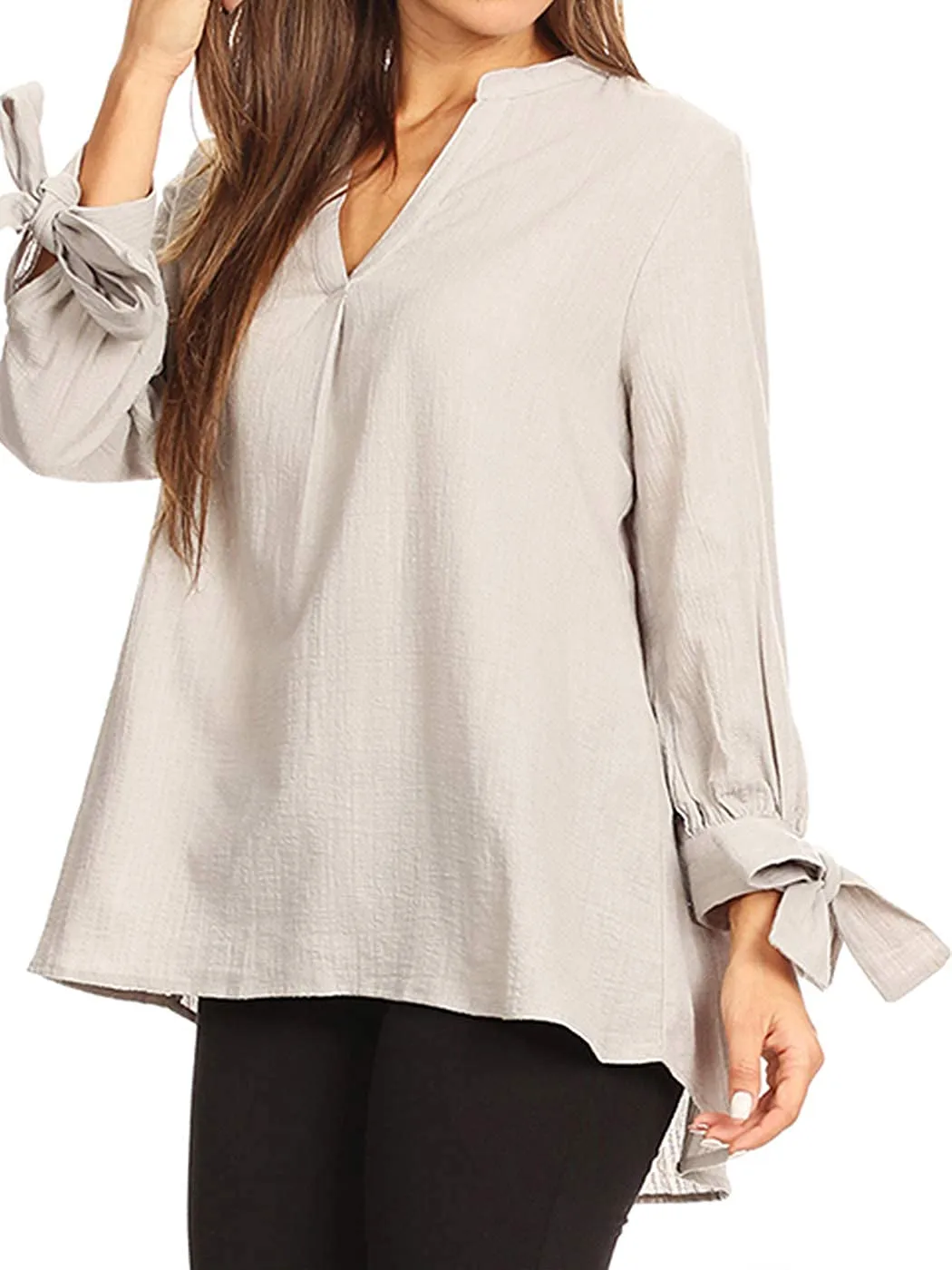 Women's V Neck Blouse Split Tie Sleeve Casual Office Work Shirts Tops